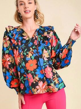 Umgee Black Multi Floral Ruffle V-Neck Blouse